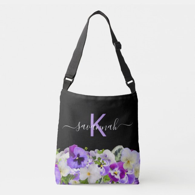 Monogram purple violet black florals script crossbody bag (Front)
