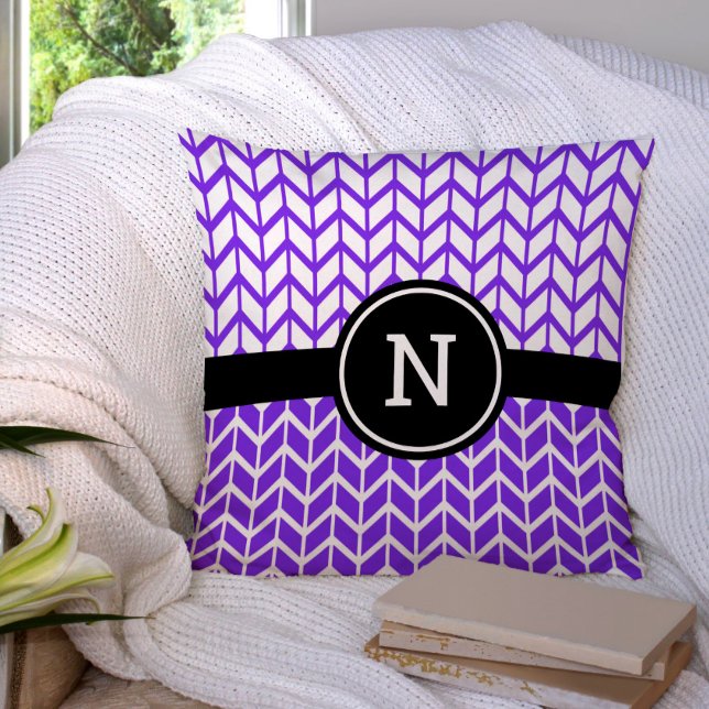Monogram Purple White Chevron Pattern Bold Modern Cushion (Creator Uploaded)