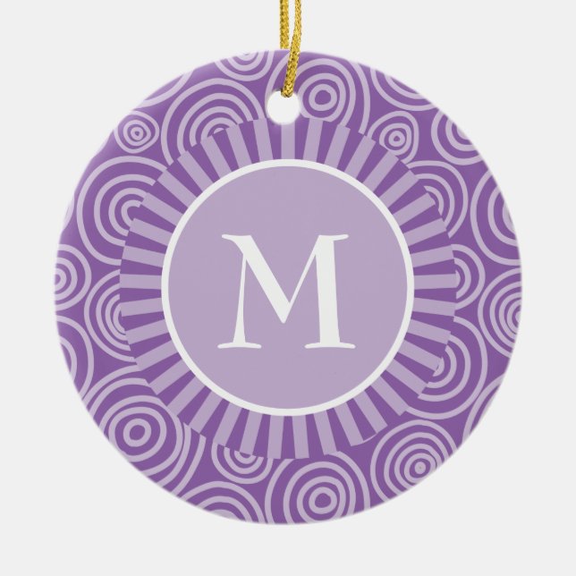 Monogram Purple White Spirals - Personalised Ceramic Ornament (Front)