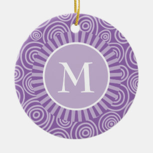 Monogram Purple White Spirals - Personalized Ceramic Ornament