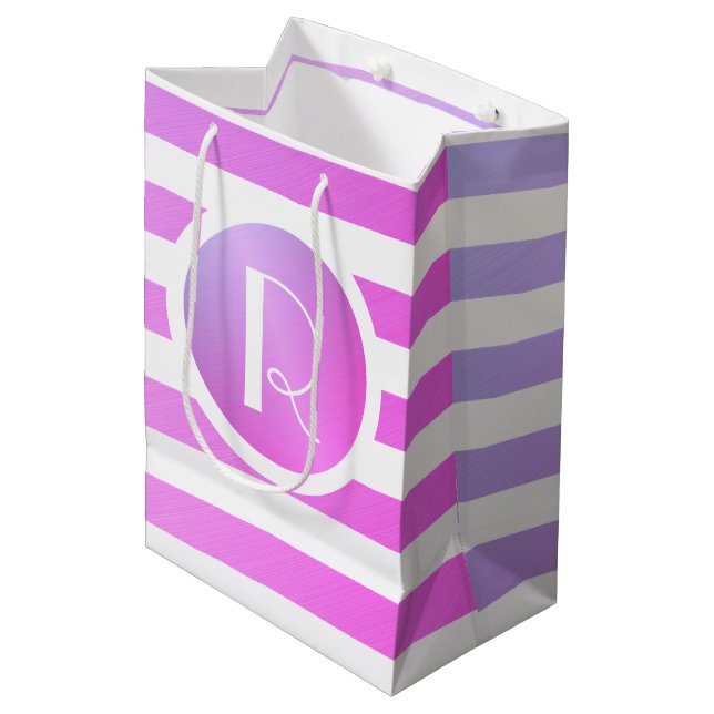 Monogram Purple & White Stripes Medium Gift Bag (Front Angled)