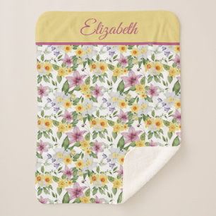 Monogram Purple Yellow White Green Floral  Sherpa Blanket