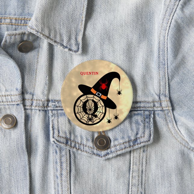 Monogram Q Halloween Sky Witch Spiders Name Button (In Situ)