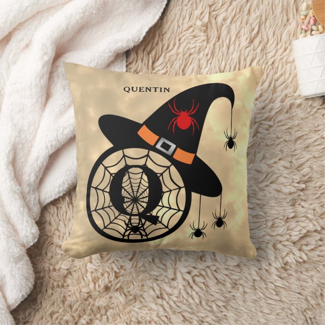 Monogram Q Halloween Sky Witch Spiders Name Cushion (Blanket)
