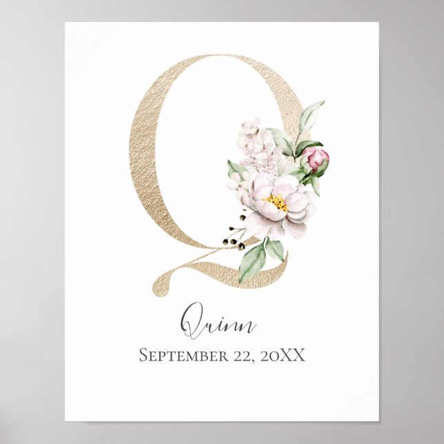 Monogram Q Pink White Floral Gold Letter Nursery  Poster (Front)