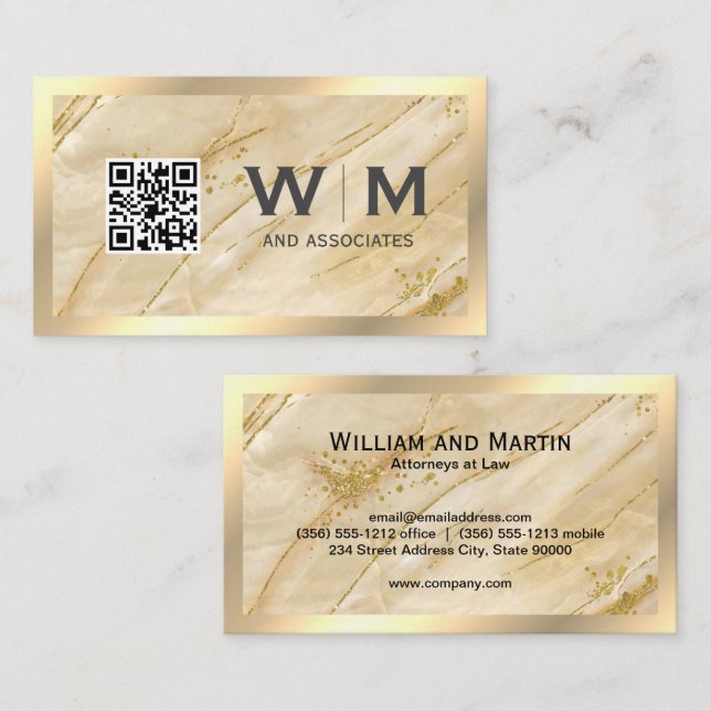 Monogram | QR CODE | Gold Marble Business Card (Front/Back)