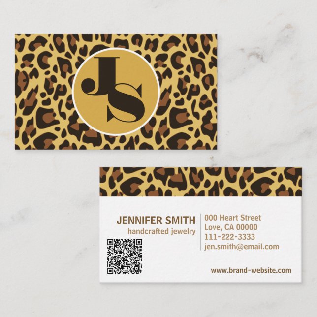 Monogram QR Code Leopard Print Rockabilly Pattern Business Card (Front/Back)