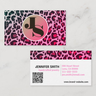 Monogram QR Code Leopard Print Rockabilly Pink Business Card