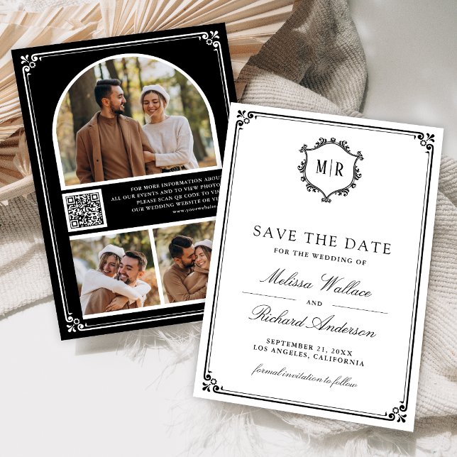 Monogram QR Code Photo Collage Black Wedding Save The Date (Creator Uploaded)