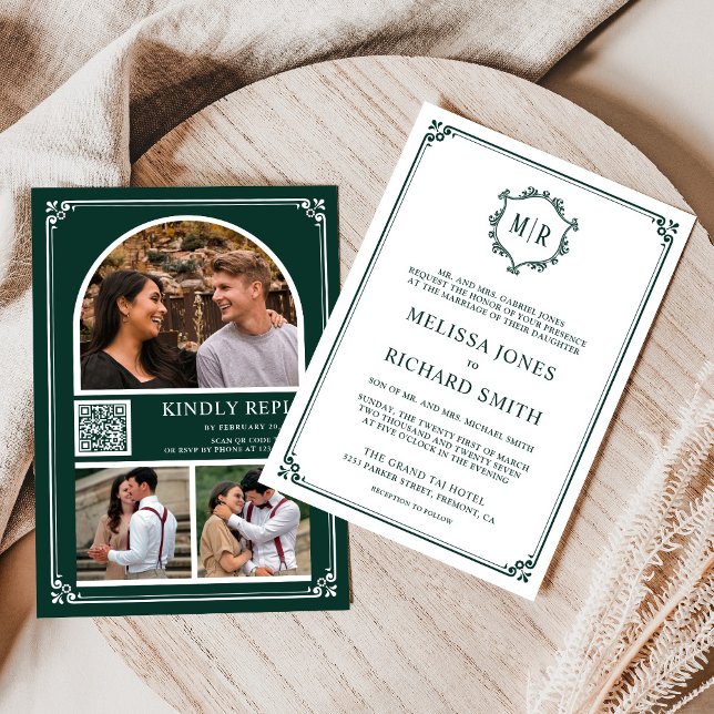 Monogram QR Code Photo Collage Emerald Wedding Invitation (Creator Uploaded)