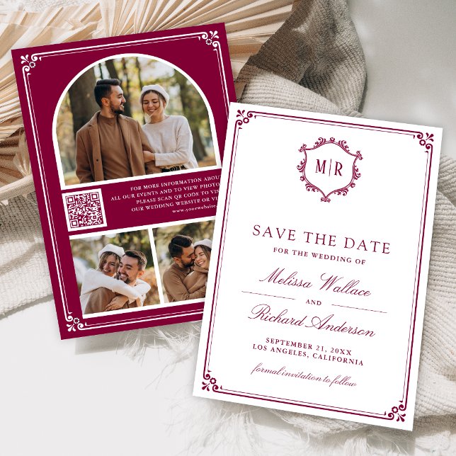 Monogram QR Code Photo Collage Magenta Wedding Save The Date (Creator Uploaded)