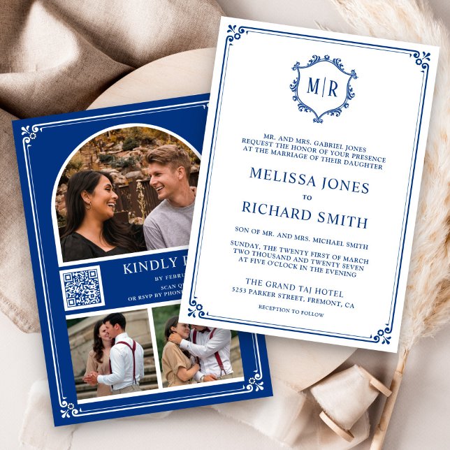 Monogram QR Code Photo Collage Royal Blue Wedding Invitation (Creator Uploaded)