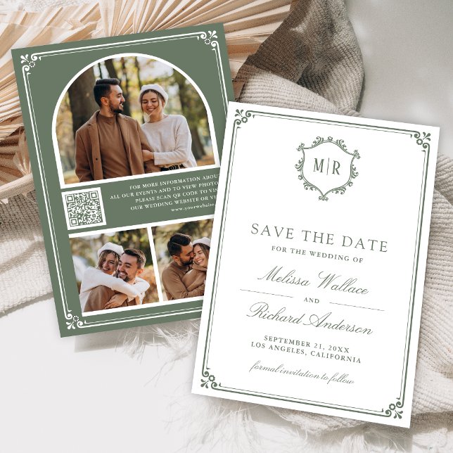 Monogram QR Code Photo Collage Sage Green Wedding Save The Date (Creator Uploaded)