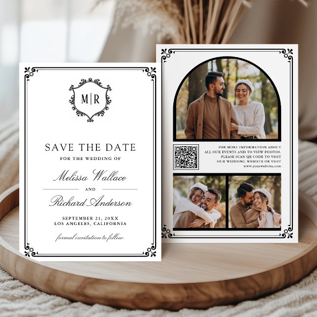 Monogram QR Code Photo Collage White Black Wedding Save The Date (Creator Uploaded)