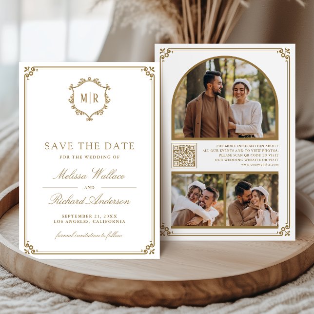 Monogram QR Code Photo Collage White Gold Wedding Save The Date (Creator Uploaded)