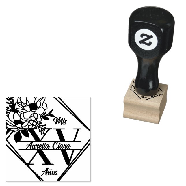 Monogram Quinceanera Mis XV 15 Geometric Floral Rubber Stamp (Stamped)