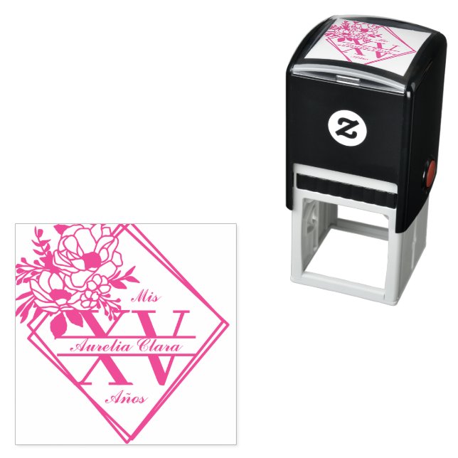 Monogram Quinceanera Mis XV Geometric Floral  Self-inking Stamp (In Situ)
