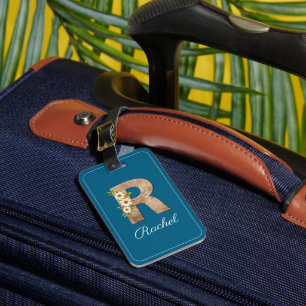 Monogram R blue wood letter flower Luggage Tag