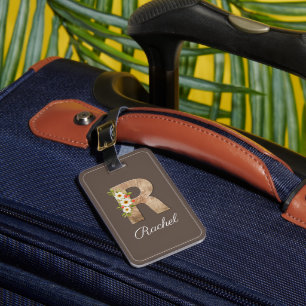 Monogram R brown wood letter flower Luggage Tag