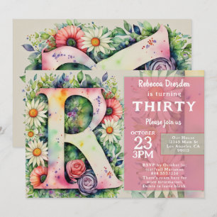 Monogram R Colourful Watercolor Flowers Birthday  Invitation