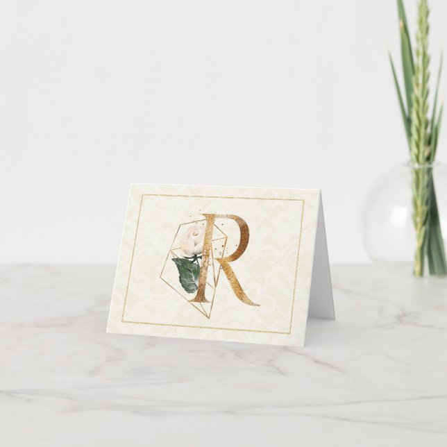Monogram R Floral Note Card Gold (Front)