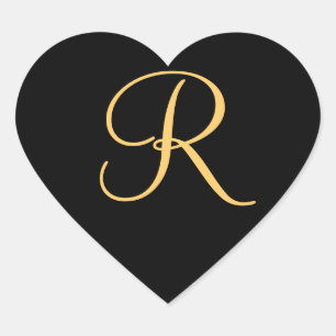 Monogram R,  gold coloured initial R on black, Heart Sticker