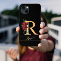 Monogram R golden custom name red roses black