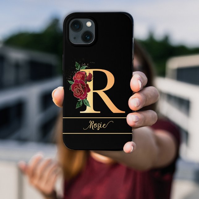 Monogram R golden custom name red roses black Case-Mate iPhone Case (Creator Uploaded)