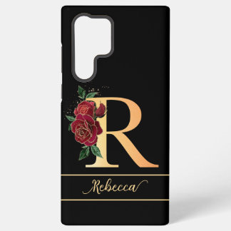 Monogram R golden custom name red roses black Samsung Galaxy Case