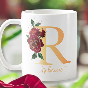 Monogram R golden custom name red roses Coffee Mug