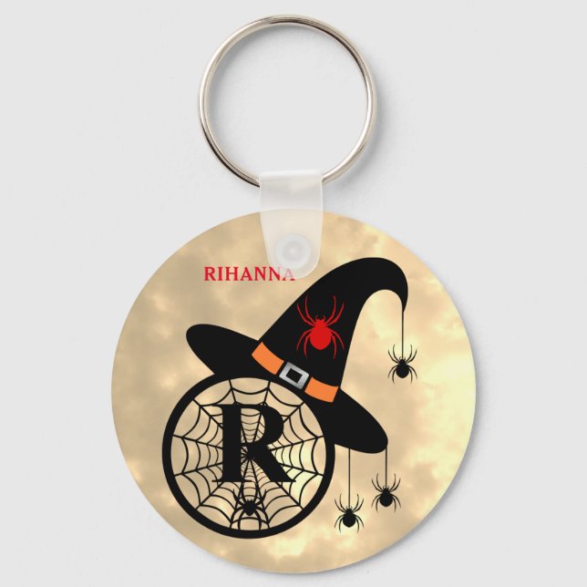 Monogram R Halloween Sky Witch Spiders Name Key Ring (Front)