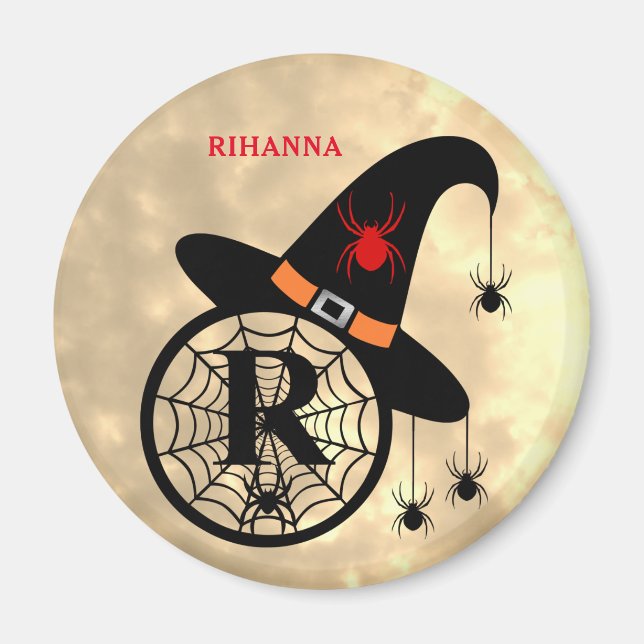 Monogram R Halloween Sky Witch Spiders Name Magnet (Front)