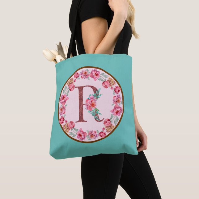 Monogram R Letter with Peony Flower Image Tote Bag (Close Up)