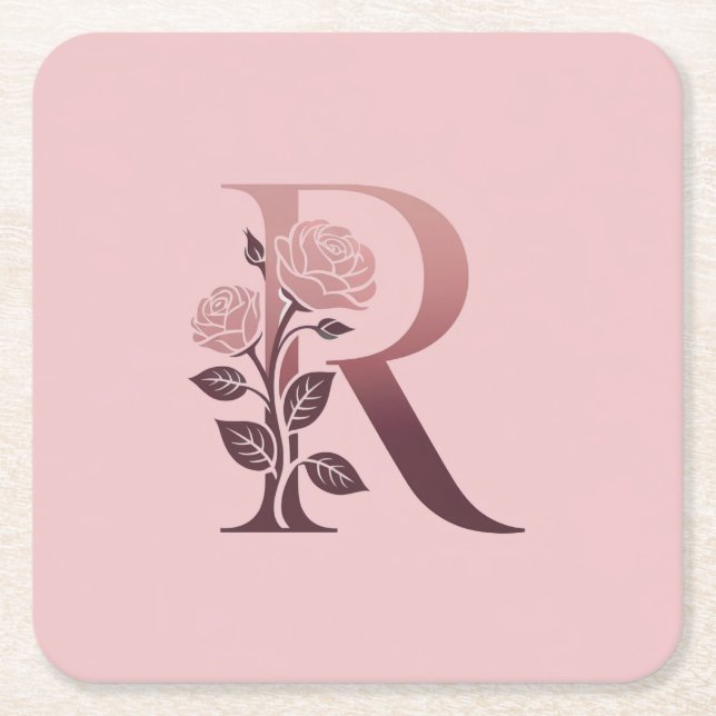 Monogram R Pink Roses Coaster Set (Front)
