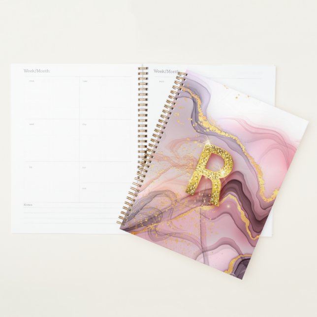 Monogram R Rosegold Pink Glitter Girly Gift Planner (Display)