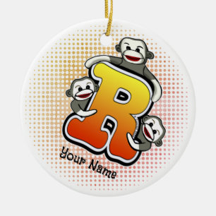 Monogram R Sock Monkey  Ceramic Ornament