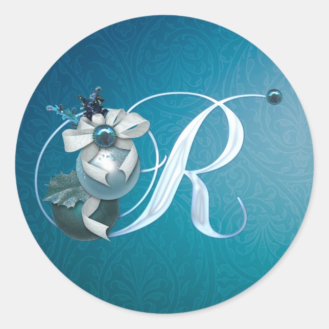 Monogram R Teal Ornament Ribbon Christmas Sticker (Front)