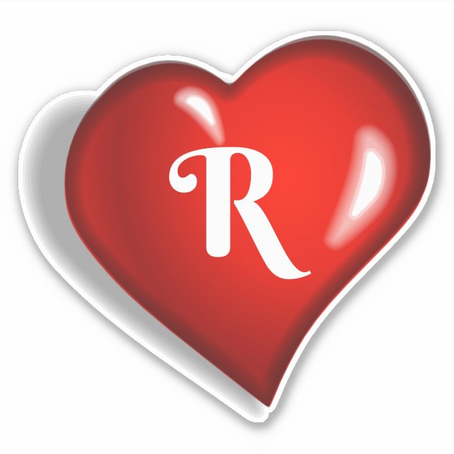 Monogram R, white script on ruby red heart (Front)