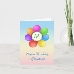 Monogram Rainbow balloons flower Grandson Birthday Card