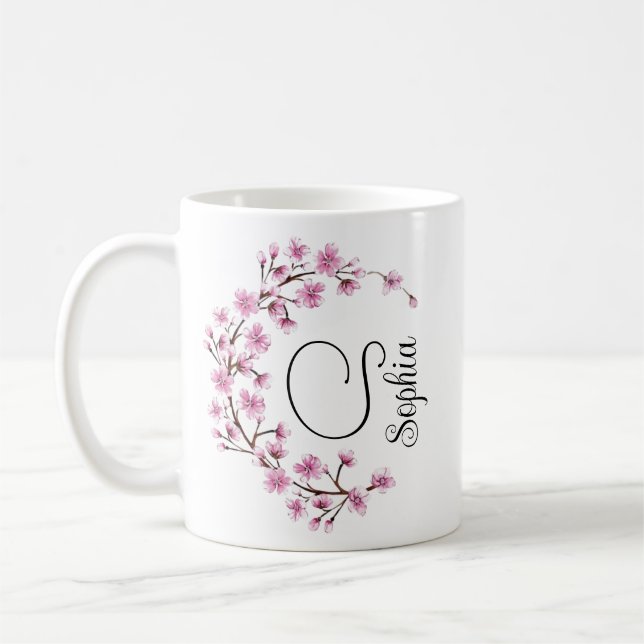 Monogram rainbow blossom  wild flowers illustrated coffee mug (Left)