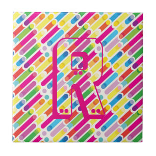 Monogram Rainbow Diagonal Lines Pattern Pop Art Ceramic Tile