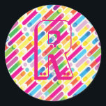 Monogram Rainbow Diagonal Lines Pattern Pop Art Classic Round Sticker<br><div class="desc">Monogram Rainbow Diagonal Lines Pattern Pop Art Trendy Design For All Occassion,  Holiday,  Birthday Party,  Anniversary - gifts and presents,  with Monogram text template. Summer Holiday. Red,  Blue,  Pink,  Yellow,  Violet,  Magenta,  Green - Abstract colours.</div>