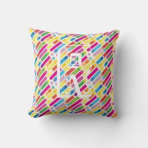 Monogram Rainbow Diagonal Lines Pattern Pop Art Cushion