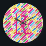 Monogram Rainbow Diagonal Lines Pattern Pop Art Large Clock<br><div class="desc">Monogram Rainbow Diagonal Lines Pattern Pop Art Trendy Design For All Occassion,  Holiday,  Birthday Party,  Anniversary - gifts and presents,  with Monogram text template. Summer Holiday. Red,  Blue,  Pink,  Yellow,  Violet,  Magenta,  Green - Abstract colours.</div>