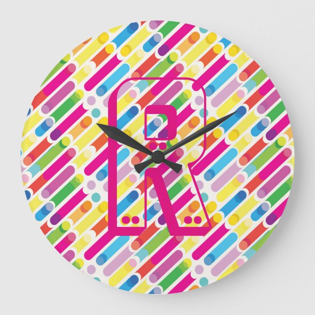 Monogram Rainbow Diagonal Lines Pattern Pop Art Large Clock (Front)