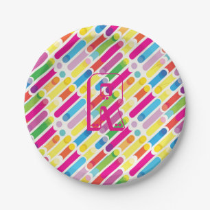 Monogram Rainbow Diagonal Lines Pattern Pop Art Paper Plate