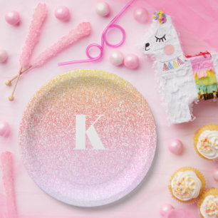 Monogram Rainbow Glitter Glam Baby Shower Ombre Paper Plate