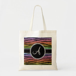 Monogram rainbow glitter zebra stripes circle tote bag