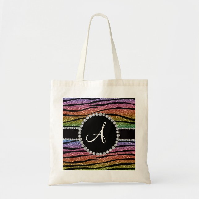 Monogram rainbow glitter zebra stripes circle tote bag (Front)