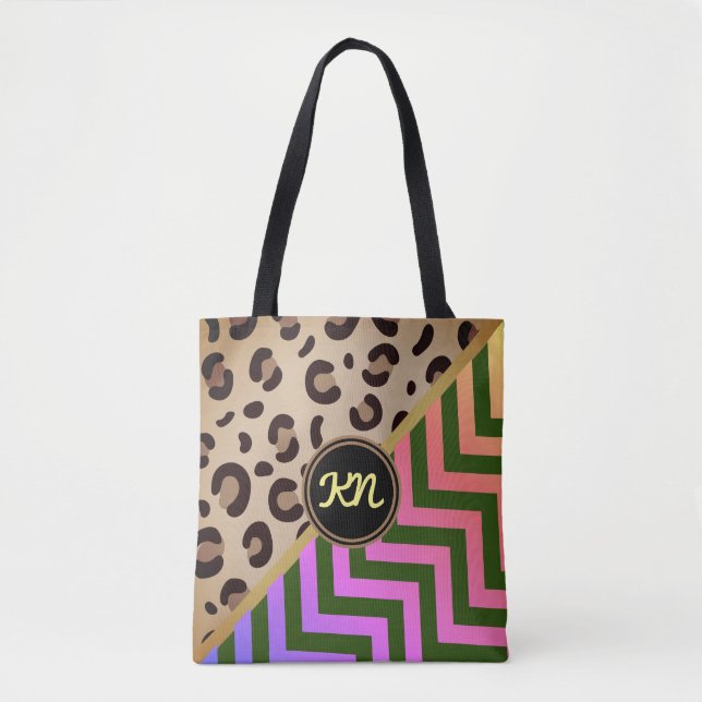 Monogram Rainbow Leopard Print Chevron Two-Tone  Tote Bag (Front)